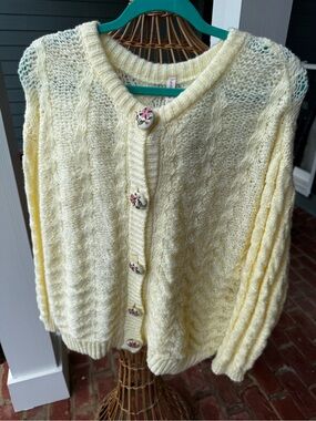 NWT Anthropologie Butter Yellow  Cardigan  Cableknit Sweater M